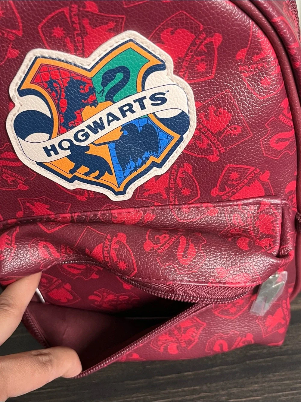 Maroon red faux leather Harry Potter Hogwarts mini backpack ft crest applique